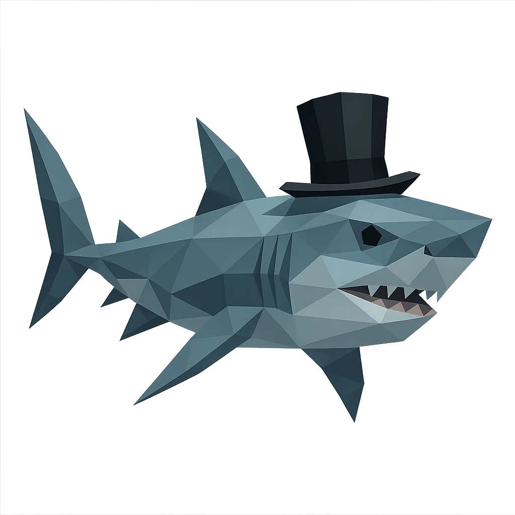 low-poly shark with a top hat emoji