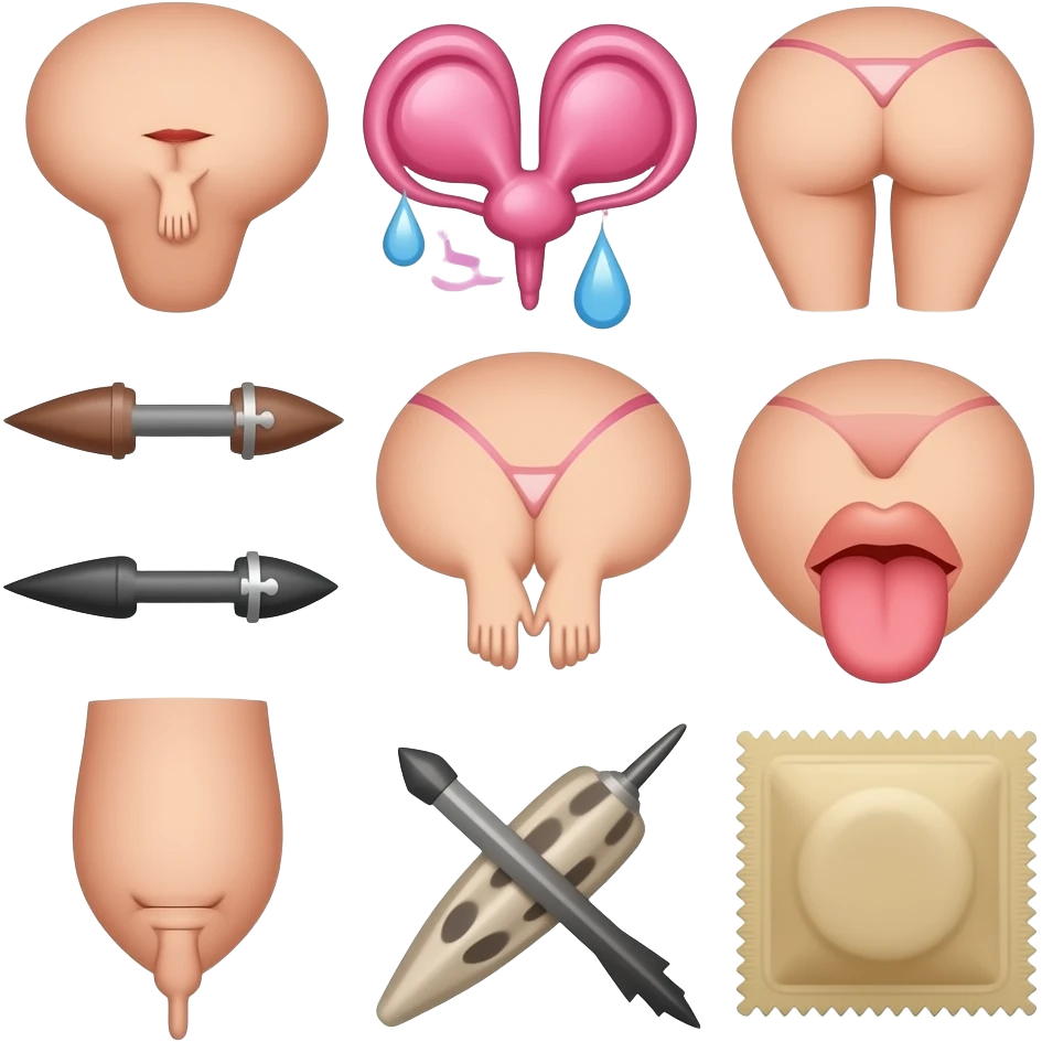 Sex explicit sexual emojis in Apple's iOS style featuring anatomical details like erect penises, vulvas, breasts with nipples, buttocks, sexual intercourse positions, oral sex, masturbation, ejaculation, BDSM themes, sex toys, condoms emoji