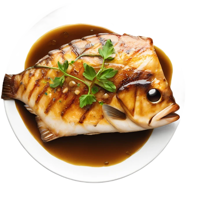 grilled fish fillet with brown butter sauce on white plate emoji