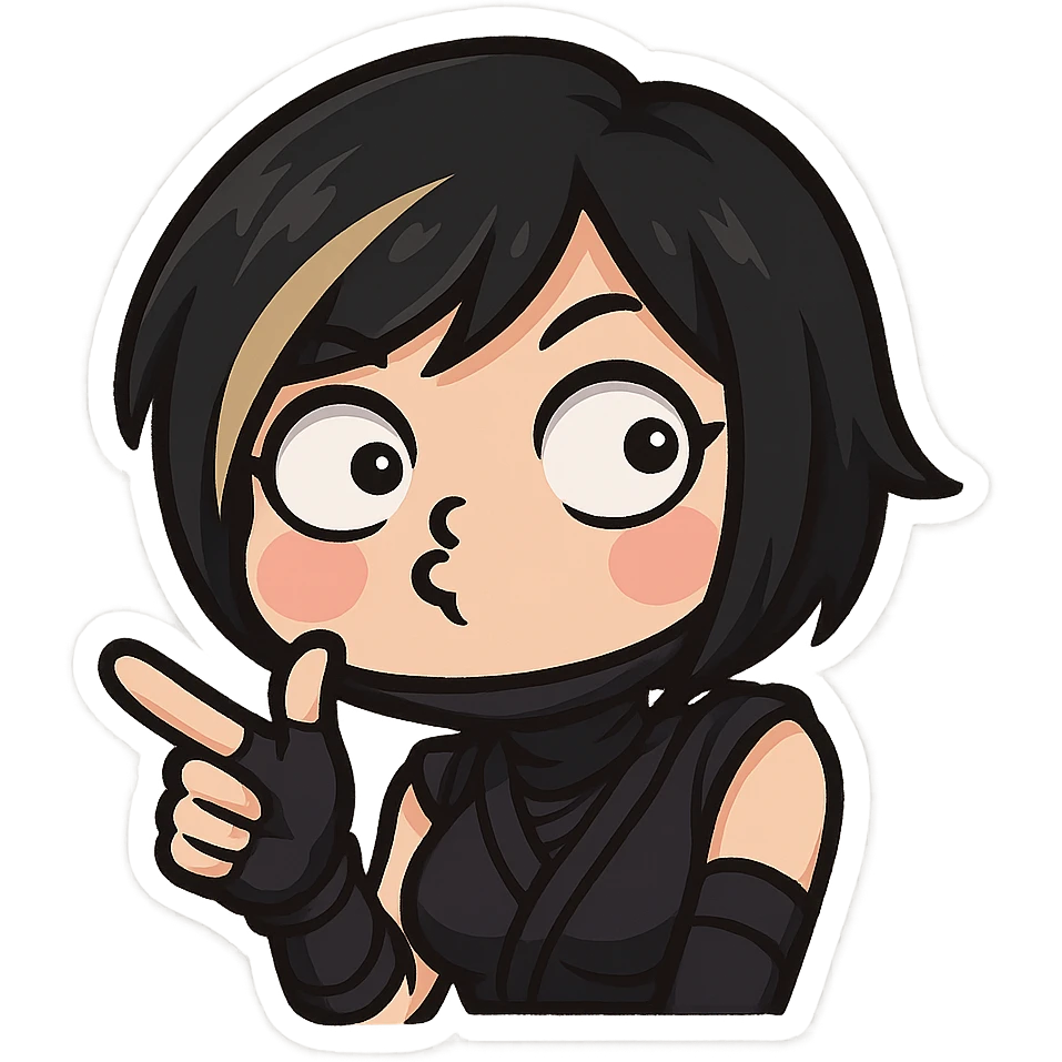 Make the expression weird-cute: sexy chibi ninja girl with black short hair and a blonde streak, only head and arms, making a finger gun gesture, bold outlines, transparent background, no mask, cheeks puffed and eyes looking in different directions, sized for Twitch emoji use. emoji