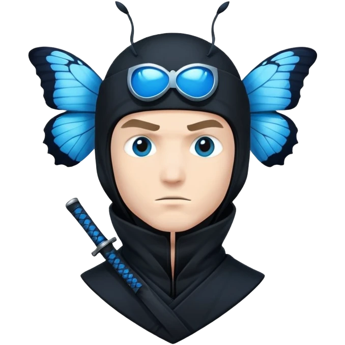 Crea una imagen con estos dos emoji 🥷🏻🦋
él ninja blancoCrea un emoji para usar en WhatsApp con estos dos emoji 🥷🏻🦋.
Ninja vestido de negro con la piel blanca con una mariposa azul posada en cabeza como si estuviera volando. con la mariposa posada en cabeza como si estuviera volando.

 emoji