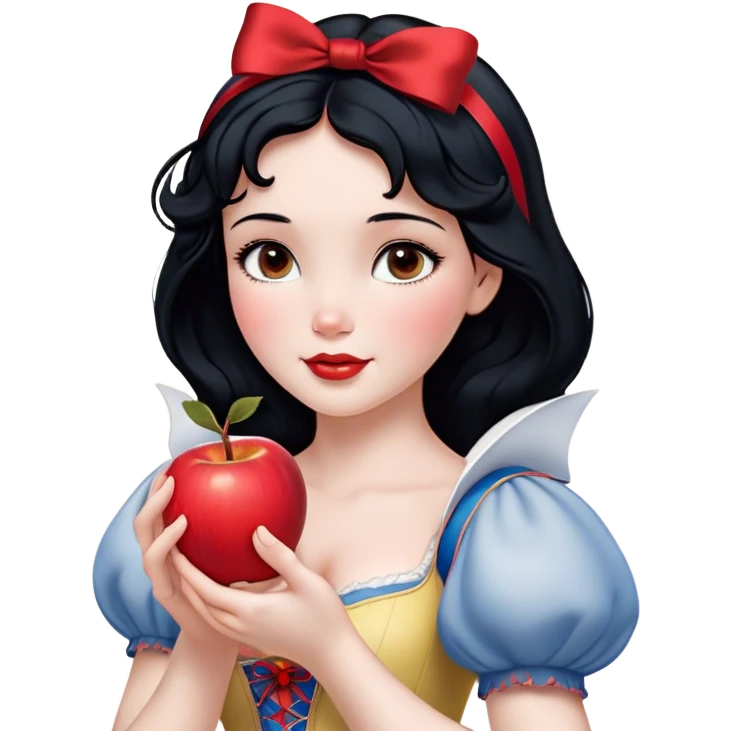 Cinematic Realistic Snow White Portrait, depicted with lifelike skin texture, soft natural lighting, and intricately detailed black hair styled with a red ribbon. Her soft brown eyes radiate innocence and kindness, complemented by a warm, gentle smile. She holds an apple in one hand, her other hand resting against her cheek, embodying her purity and charm. She is dressed in her classic yellow, blue, and red gown, the fabric rich in texture with delicate folds that catch the light beautifully. The portrait features a soft, natural glow with a radiant finish, capturing the essence of timeless beauty in a realistic and painterly style. emoji