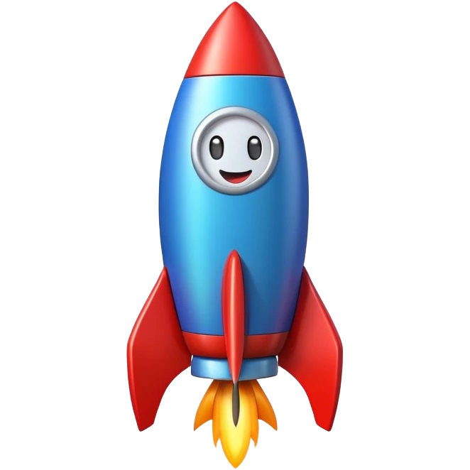 A colorful toy rocket with a cute happy face on its body emoji