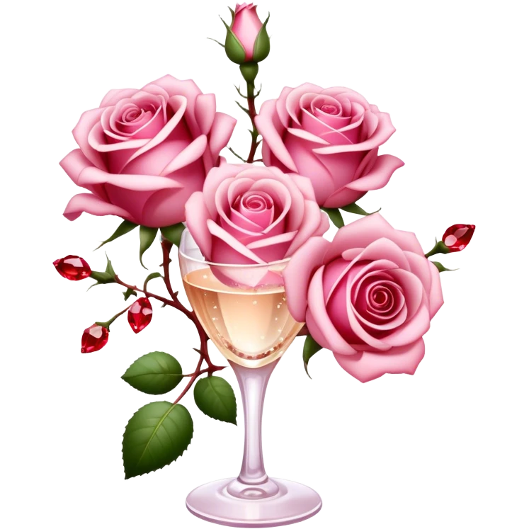 Soft pink champagne roses intertwine with glistening rubies, blending elegance with warmth. The delicate petals and deep red gems create a luxurious, romantic scene. emoji