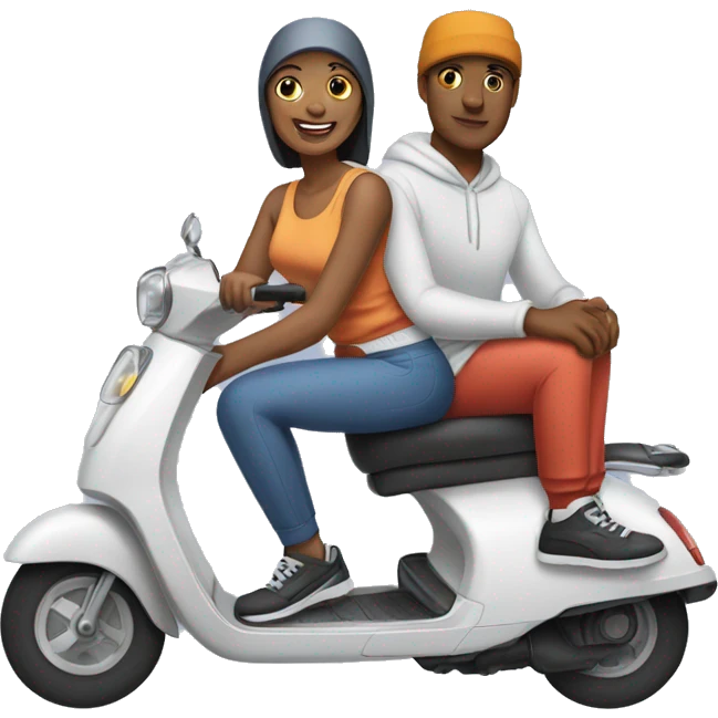 man and woman sitting on a scooter wearing   sweatpants and caps emoji