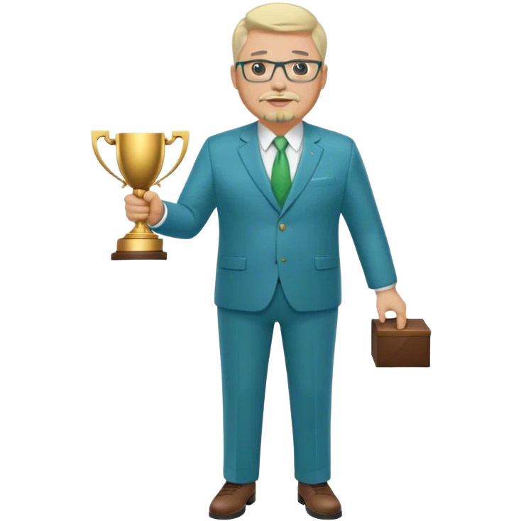 Full Body white middle aged male plus size wearing glasses with a goatee with light blonde and gray very short hair basketball head Coach in blue and green suit holding trophy emoji