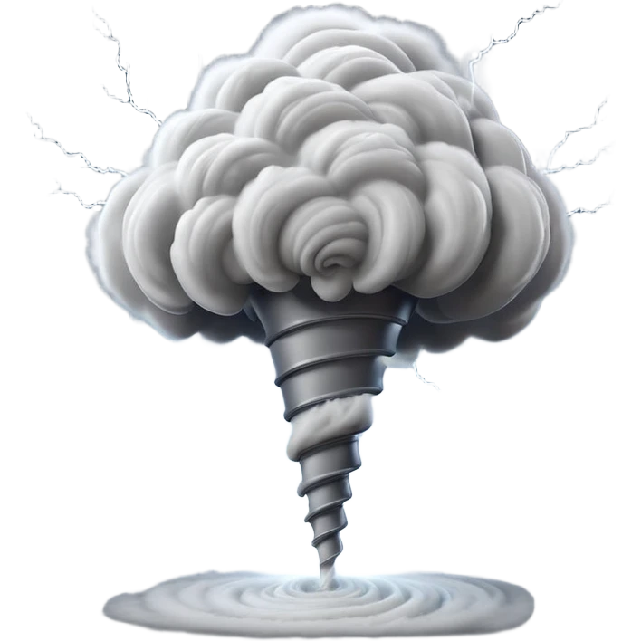 3D render of Tornado, miniature weather phenomenon, volumetric particle effects, swirling dusty grey funnel cloud, elemental energy, Apple emoji style, isolated on white background --v 6.0. emoji