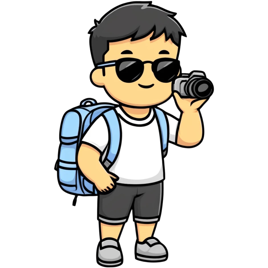 Asian tourist with backpack taking photos, sunglasses emoji