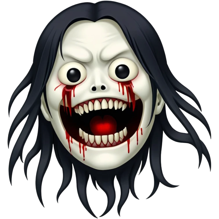 terrifying japanese yurei ghost with pale distorted face, black hollow eyes, impossibly wide mouth filled with countless needle-like teeth, blood stains, contorted body emoji
