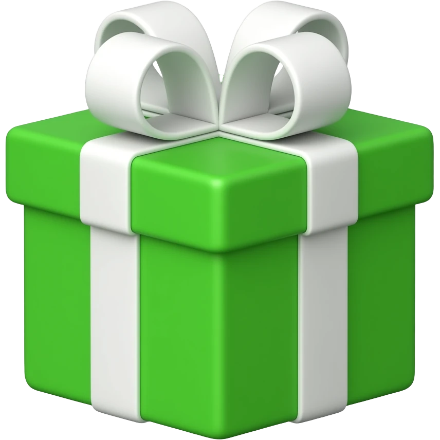 green gift emoji, 3D, white outline, transparent background emoji