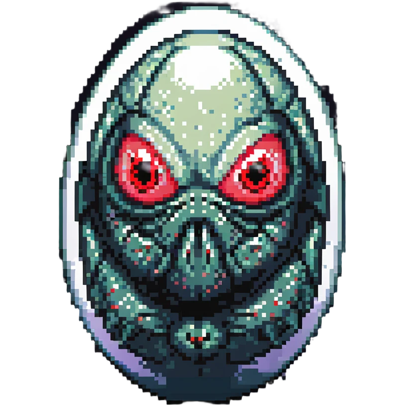a strange large transparent alien egg, floating inside with a visible creature inside, embryonic, fetal shape creature, 3 glowing red eyes, illuminated from above emoji