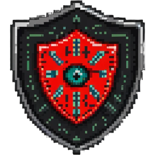 Shield badge with binary code pattern and a red warning eye symbol, cybersecurity expert emoji