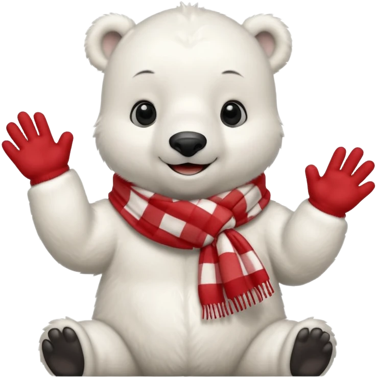 baby Polar Bear, smiling, hi five, wearing red Checkered Triangle scarf emoji