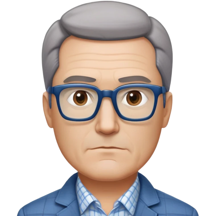 50-year-old man with square face, large dark square glasses, short straight hair combed to the side with some gray. Serious-relaxed expression with subtle age lines. Light gray jacket, white shirt with blue checkered pattern. emoji