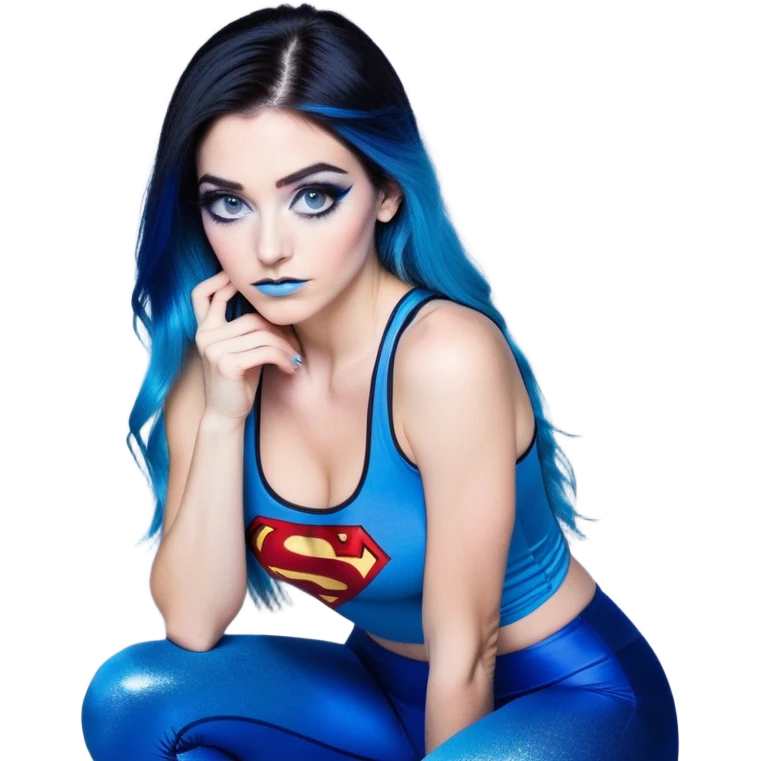 Shameful-big tears-head back texting on phone-very very large upper body-sexy face-bending forward at waist-very long very straight dark blue to light blue ombre hair-and-blue eyes-thick black eyeliner-thick long eyelashes-iridescent blue lowcut tanktop with black leggings with glitter superman logo emoji