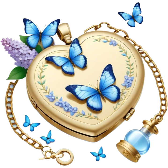 A golden locket, resting beside an ivory envelope sealed with a pearl wax stamp, is surrounded by delicate blue butterflies and cascading white lilacs. A vintage perfume bottle with intricate floral engravings sits nearby, its fragrance lingering in the air. emoji
