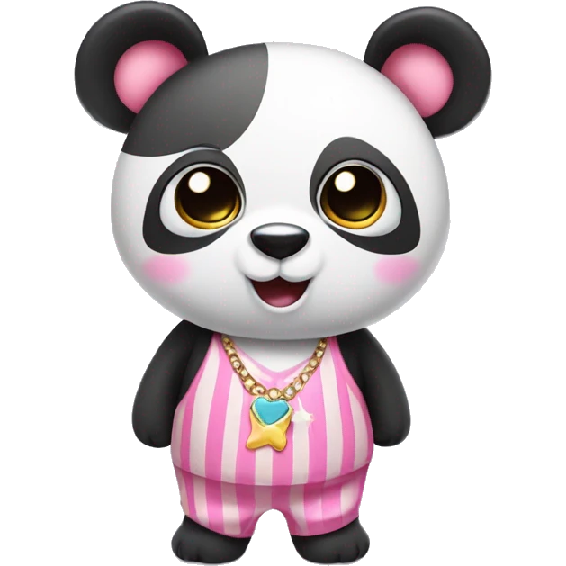 Panda with big eyes that are pink, has a pink striped shirt, has a necklace with a star, has bows on her ears emoji