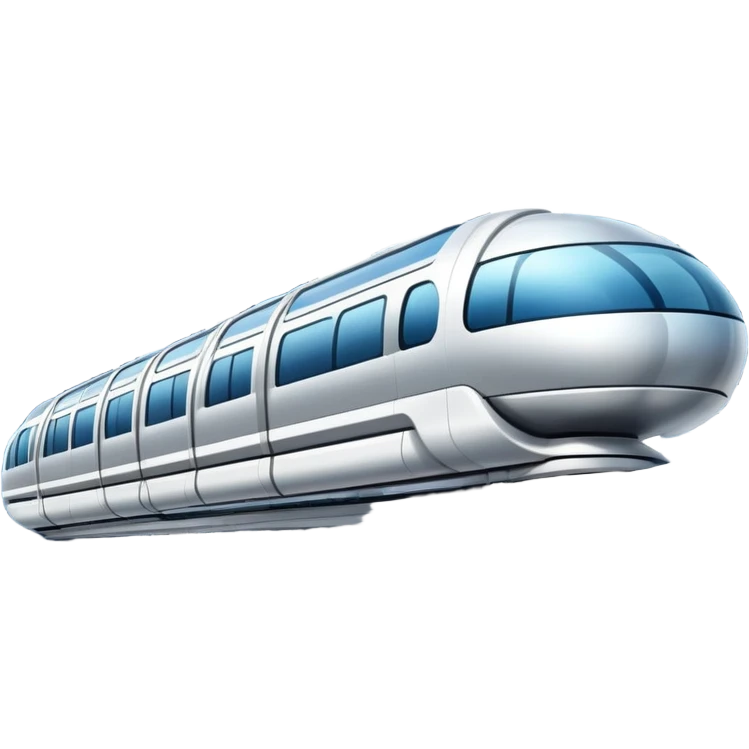 Futuristic monorail train curving above a cityscape with tall buildings emoji