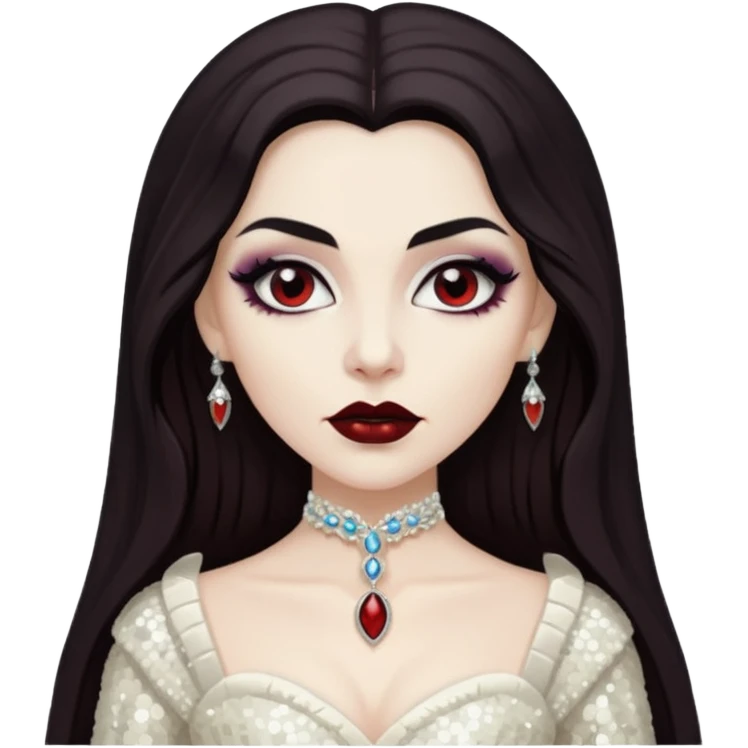 Bride of Dracula with long dark brown hair, ivory sequin outfit emoji