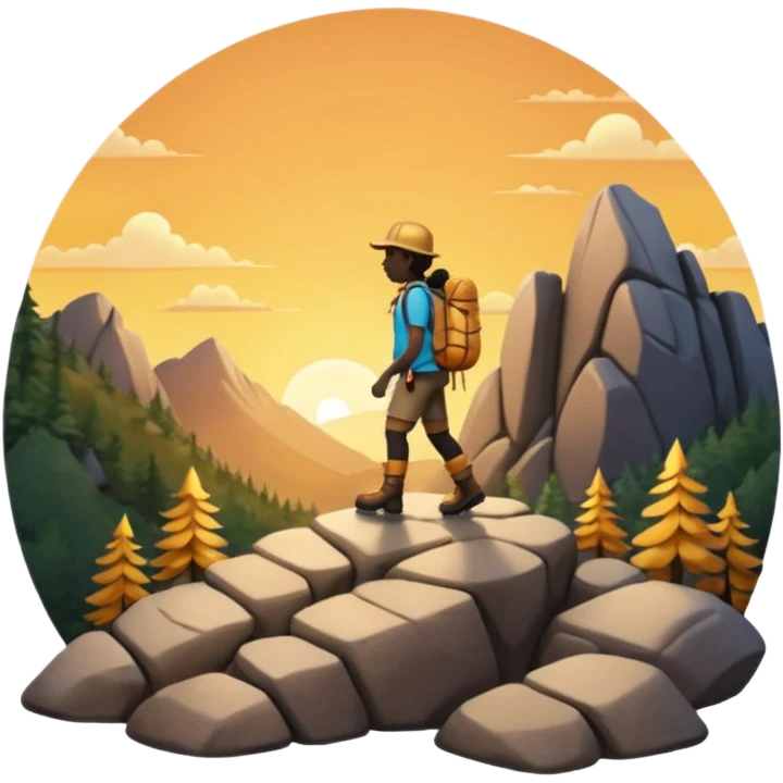 A 3D cartoon hiker silhouette standing on a rocky path at sunset, warm golden light, Memoji-style rendering. inside photo frame. emoji