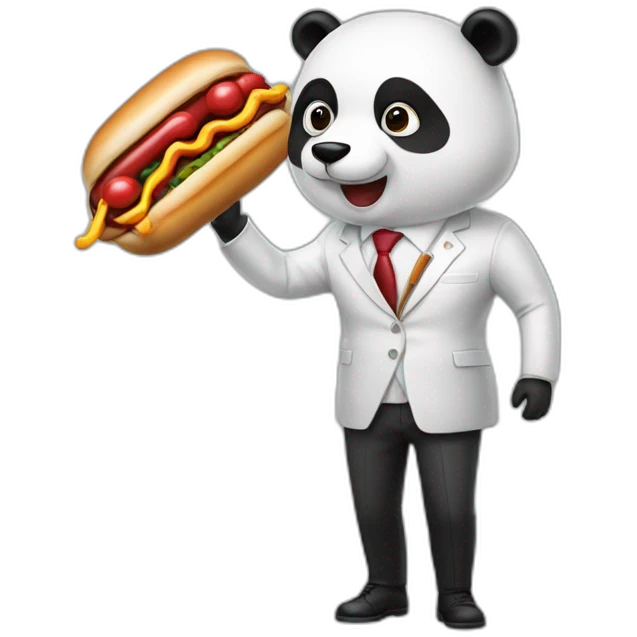 A professor with white suit and red tie and a panda face eating a hotdog and holding a black suitcase emoji