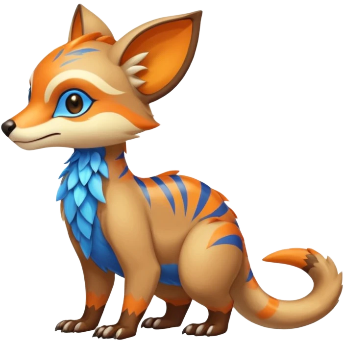 Colorful brown with blue and orange tropical exotic shiny beautiful fantasy-Vernid-Cacomistle-Oncilla-animal-Fakémon-hybrid-fursona (full body) emoji