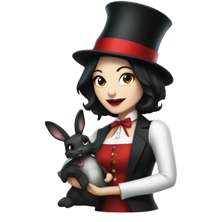 female Magician , black hair, red lipstick, pulling rabbit out of hat emoji