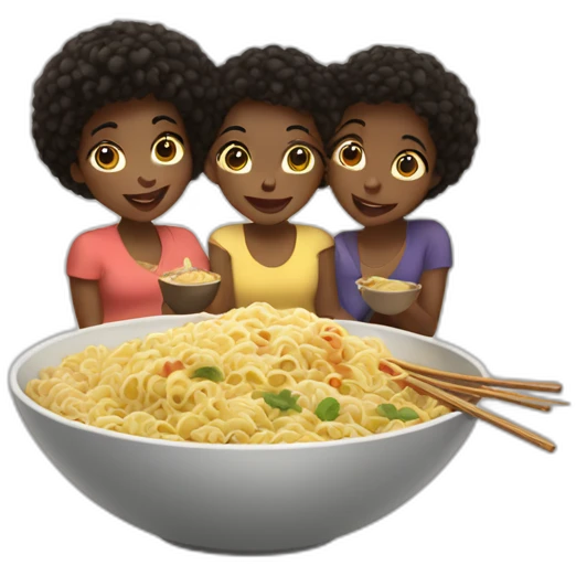 Three black girls sharing a bowl of noodles emoji