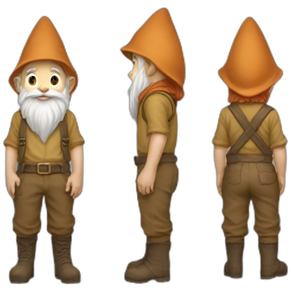 side view of gnome with light tan pants and boots squatting on top of small brown mud emoji