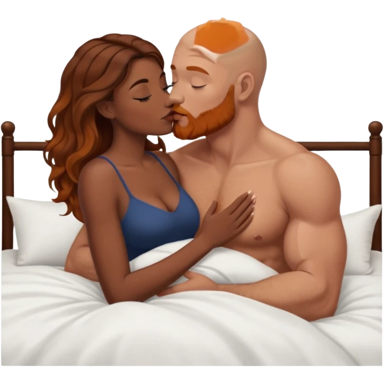 Dark black women with brown balayage hair AND kissing muscular white bald man with ginger beard, affection, tenderness, romance in bed emoji
