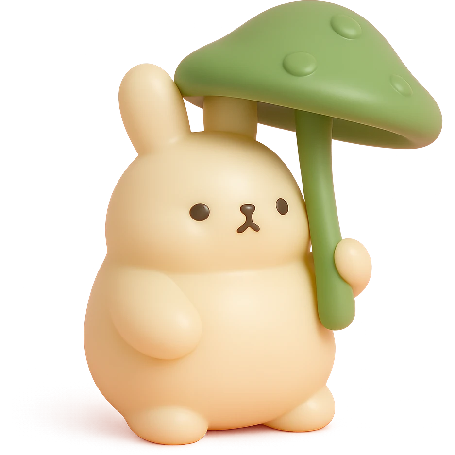 chubby bunny holding a mushroom umbrella, pastel beige and moss green, vinyl figure style emoji
