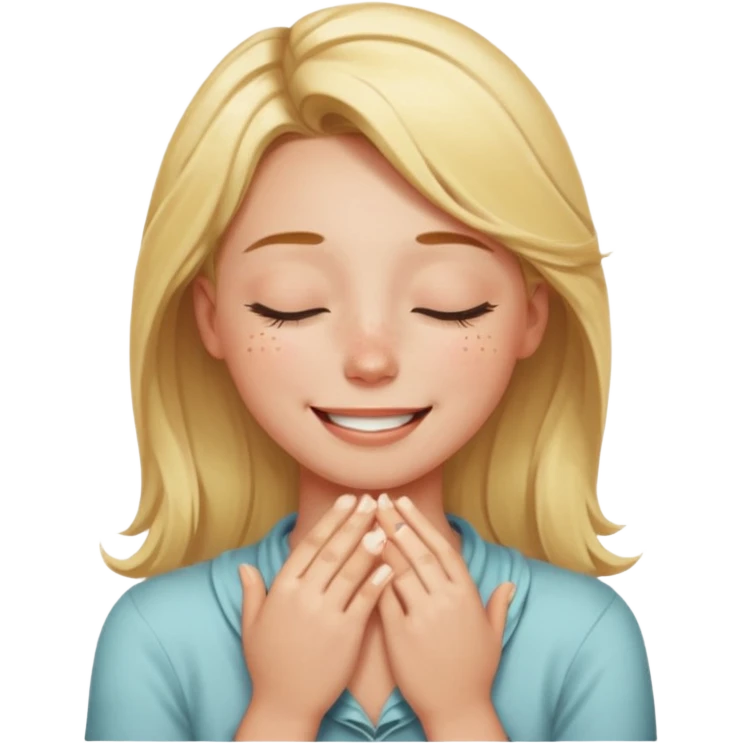 Happy blonde girl with eyes closed and mouth smiling and hands cupped around her neck emoji