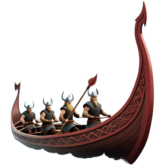 detailed-cinematic-viking-longboat, rendered in a flat, bold vector style with minimal shading, featuring a striking dragon-headed prow slicing through waters. shields on the side and vikings rowing The longboat’s, the boat has carved motifs evoke a sense of epic adventure and Nordic might, with billowing sails catching a dramatic, stormy sky backdrop. emoji