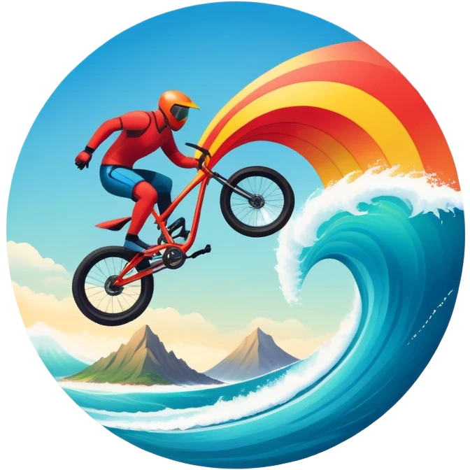 A bold, dynamic emblem combining elements of extreme sports like a mountain, a bike, surfing, ocean and a parachute, all within a circular or shield-like shape. The design conveys speed, adventure, with sharp lines and vibrant colors representing the thrill and intensity of extreme sports. emoji