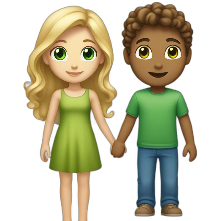 “blonde girl with tan skin and blue eyes” holding hands with “tan boy with long curly brown hair and green eyes” emoji