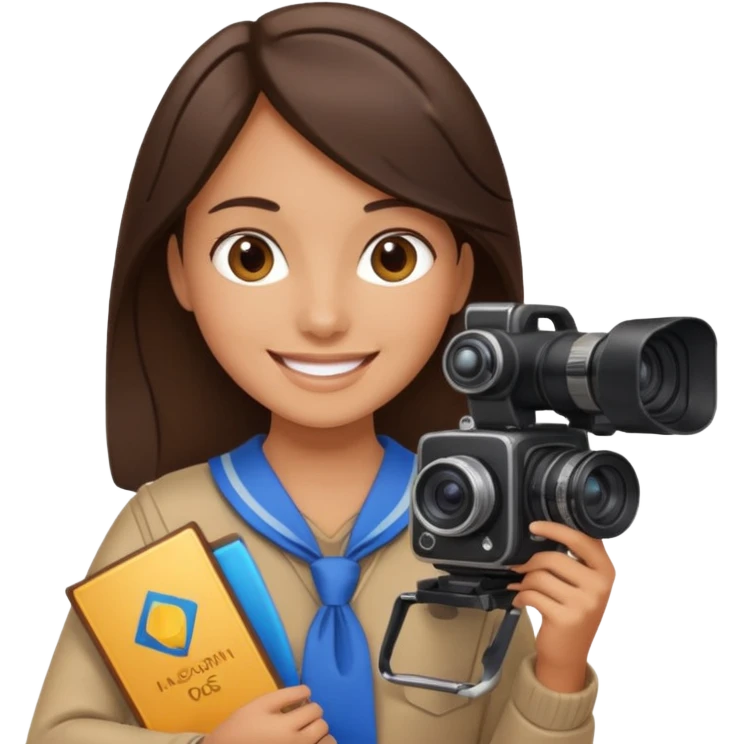 A brunette girl smiling, she’s a proud and successful filmmaker 🍿🌍✨ she’s next to a camera, / holding awards  emoji