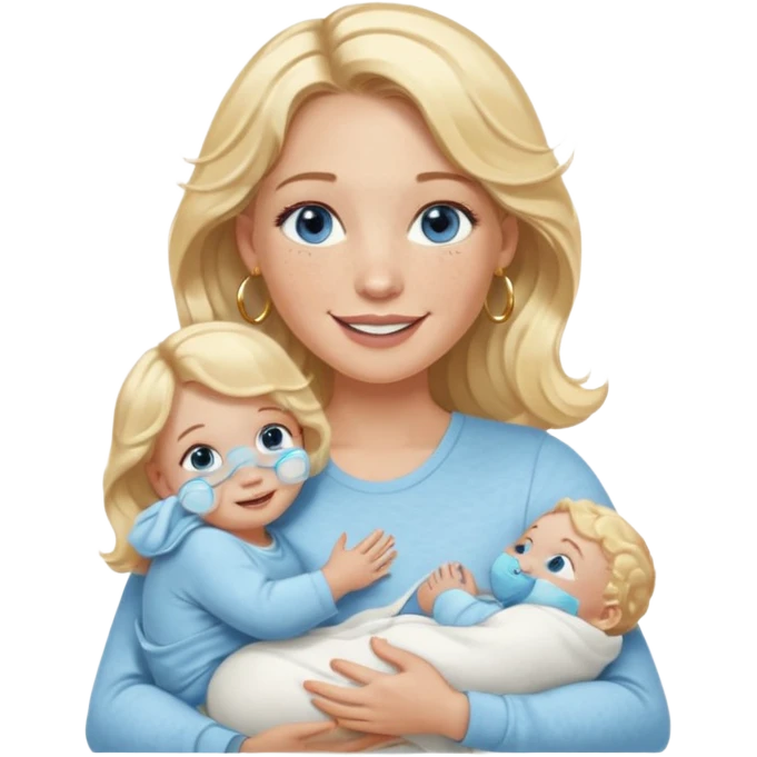 Wavy blonde, white woman with blue eyes, freckles hoop earrings, holding babies smiling and really cute in gold hoops she needs to be holding three newborns, and she needs to be more cute than pretty emoji