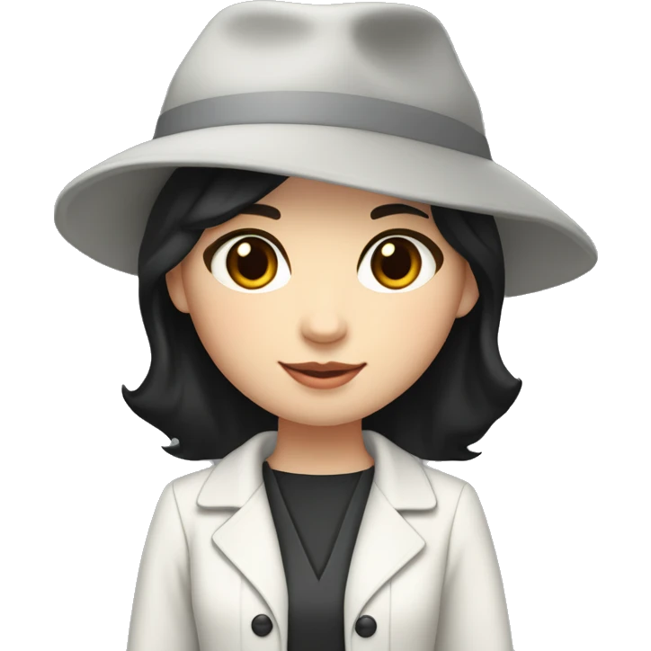 small size pale skin girl graduate student with middle length black hair,wearing graduate black cap, gray eyes, White classical jacket, blouse, Gray skirt holding a Macbook in the hands emoji