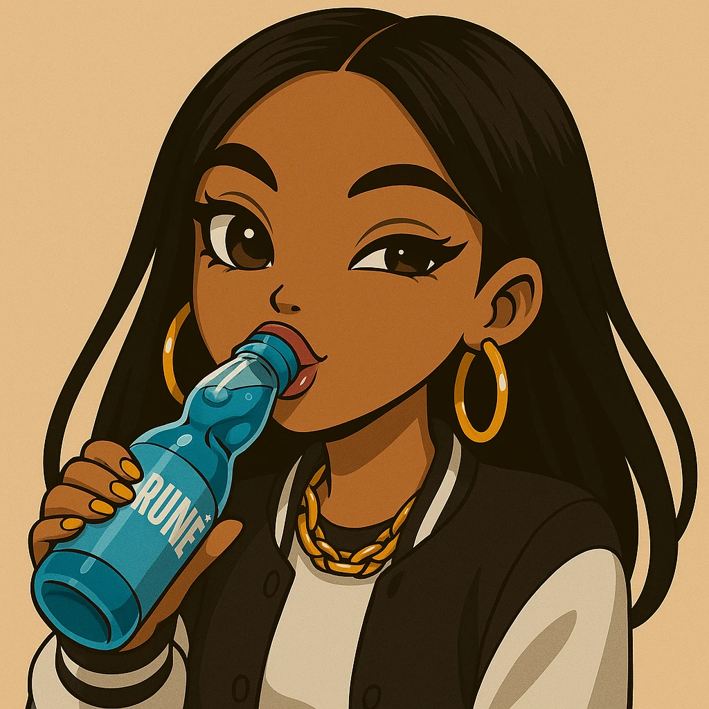 Change her pose to drinking blue Ramune soda from the classic glass bottle, headshot only, 20-year-old anime Bratz style woman with dark skin, straight hair, trendy outfit, big expressive eyes, glossy lips, no hat, no tears, happy expression, both eyes open, looking straight ahead. emoji
