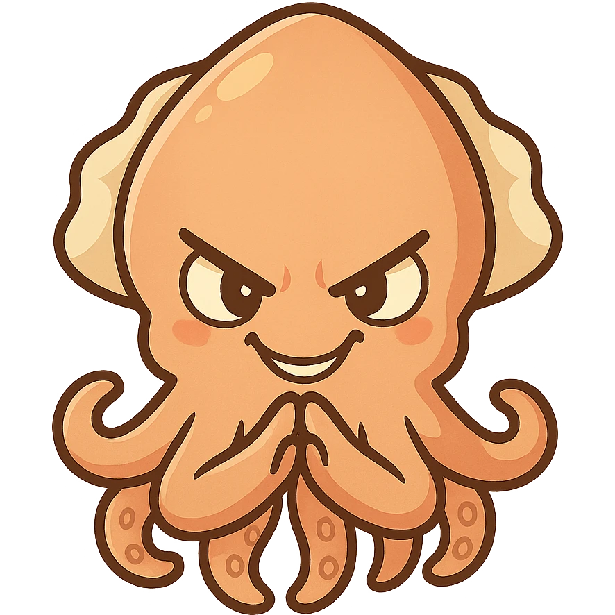 cartoon cuttlefish plotting with tentacles together, evil grin emoji