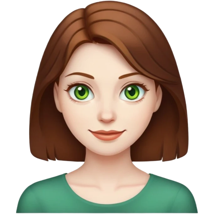 A woman with brown hair and green eyes and pale skin smirking like a “teehee” mischievous face emoji