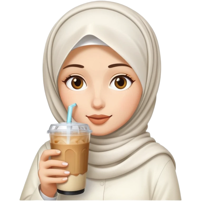 White hijab girl drinking iced coffee emoji