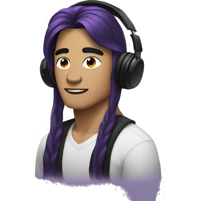 southeast asian guy with black headphones and an long black and purple hair emoji