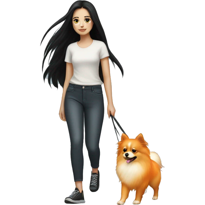 pale girl with long black hair walking with orange pomeranian emoji