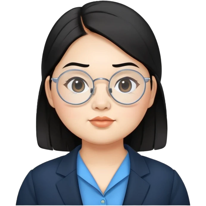 chubby asian woman round eyebrow  medium black hair wear thin siver circle glasses wear black suit with blue shirts emoji