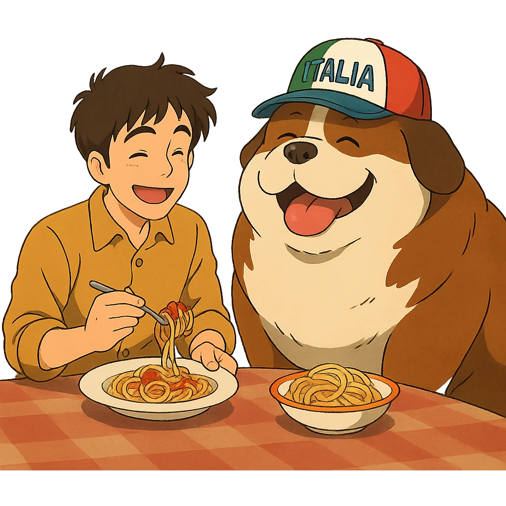 ghibli style guy in Italy eating pasta with a huge, happy, fat whale of a dog wearing an Italy hat emoji