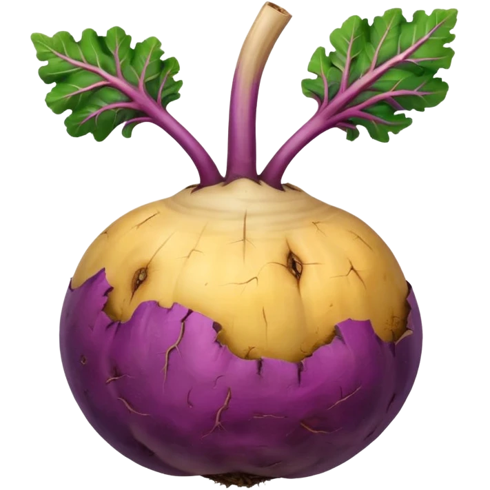 whole rutabaga root, rounded bulbous shape, rough textured skin, mottled purple beige yellow tones, trimmed stem remnants, faint root hairs, fresh earthy, soft lighting, subtle shadows, emoji scale, transparent background emoji