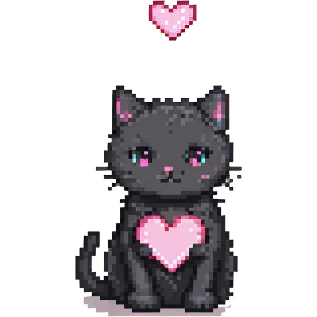 sweet black kitty with a pink heart emoji