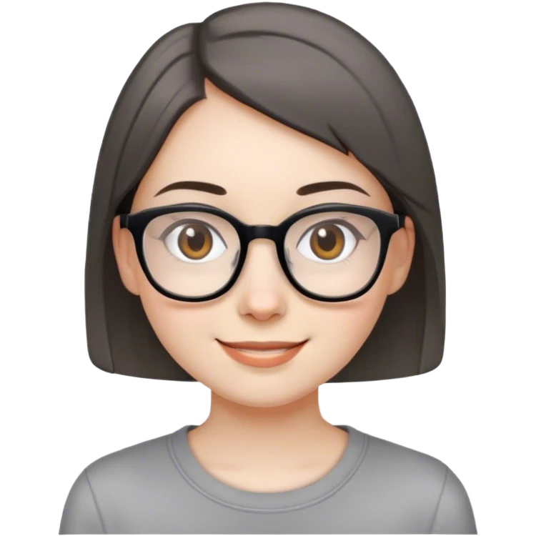Girl, pale skin, glasses, brown eyes, dark hair, very short hair, straight hair, smile, gray shirt emoji