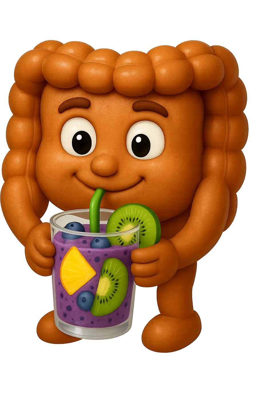 EMOJI STILE IPHONE DI un intestino umano anatomico che beve un frullato di mirtilli, ananas, kiwi, fagli anche la parte bianca degli occhi, non solo le pupille, REALISTICo 4K emoji